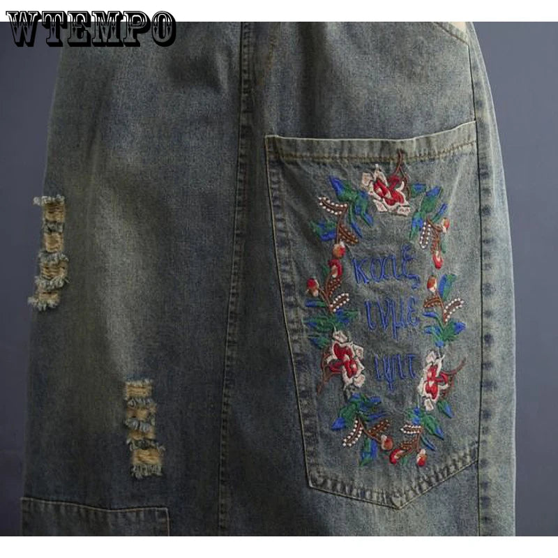 Vintage Floral Embroidery Ripped Patchwork Jeans Skirt