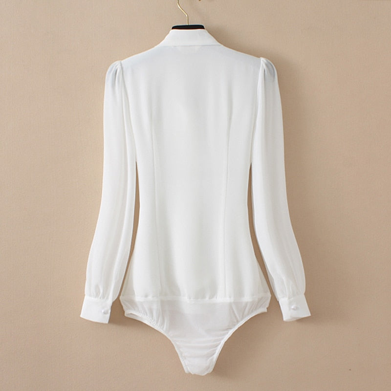 Elegant Chiffon Bodysuits Lantern Long Sleeve Bow Tie Neck Office