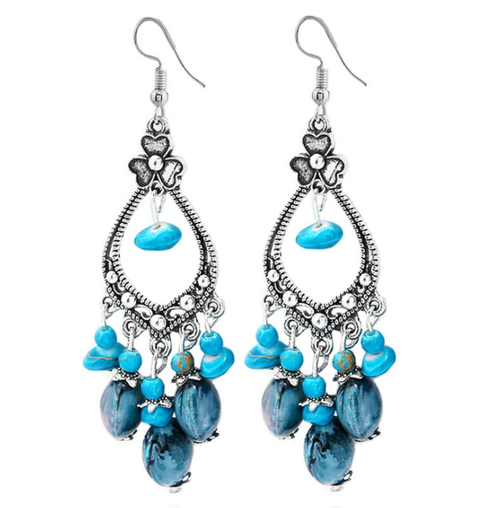 Bohemian Ethnic Long Blue Acrylic Crystal Water Drop Earrings Retro