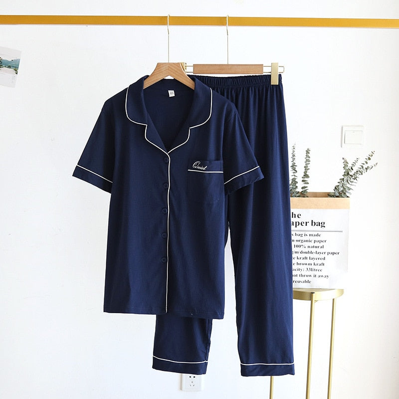 Couple Pajamas Two-piece Short-sleeved Pants Simple Home Service Set Male