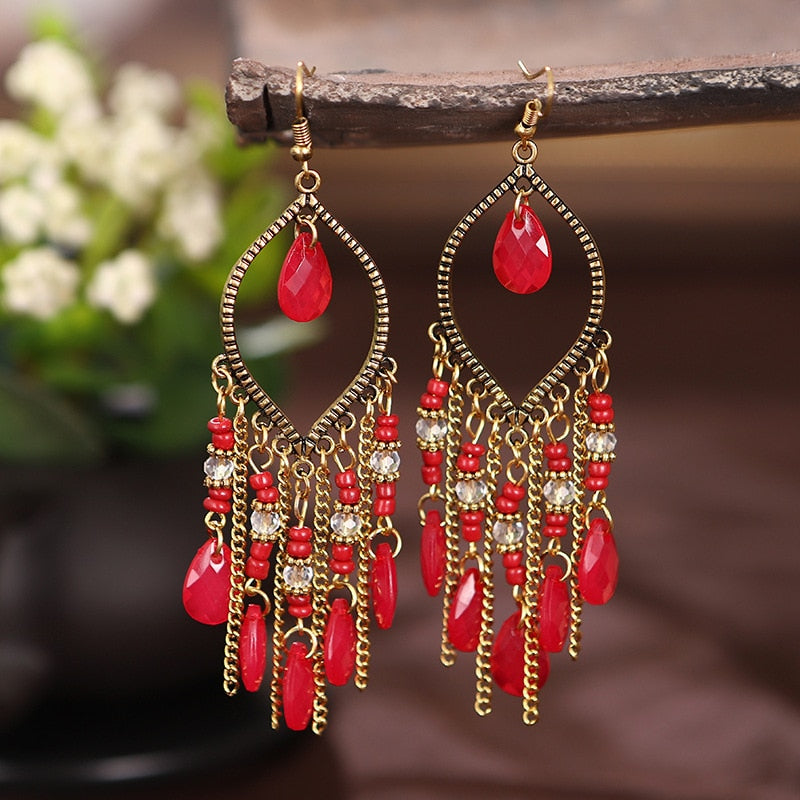 Bohemian Antique Gold Color Long Water Drop Tassel Earrings