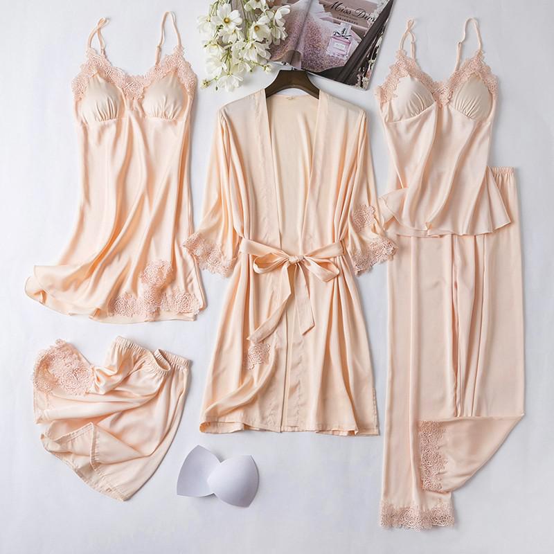 5PCS Lace Robe Gown Satin Nighty Bathrobe Nightgown Sleep Suit