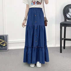 90cm Length Denim Tiered Maxi Skirt  Casual High Waisted