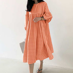 Vintage Autumn Dress Casual Puff Sleeve Midi  O Neck