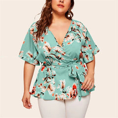 Plus Size V-Neck Short-Sleeved Printing Blouse