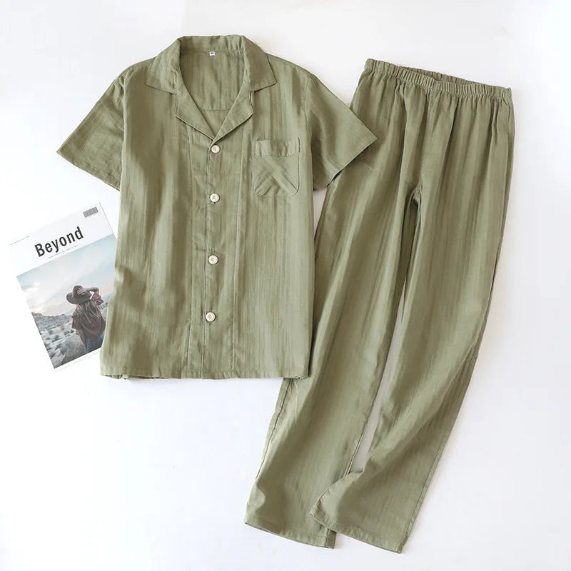 cotton gauze men's lapel buttons thin cotton short-sleeved trousers