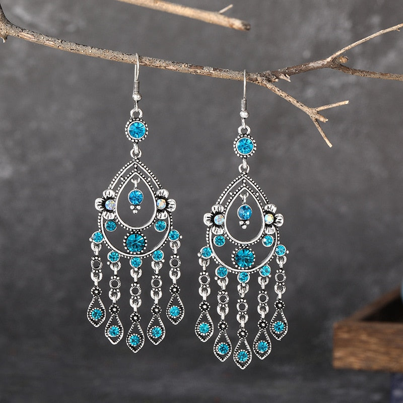 Bohemian Ethnic Long Blue Acrylic Crystal Water Drop Earrings Retro