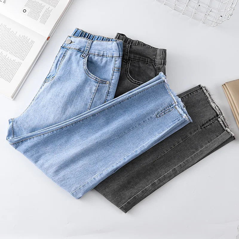 High Waist Mom Pockets Zipper Pants Cotton Harem Jeans