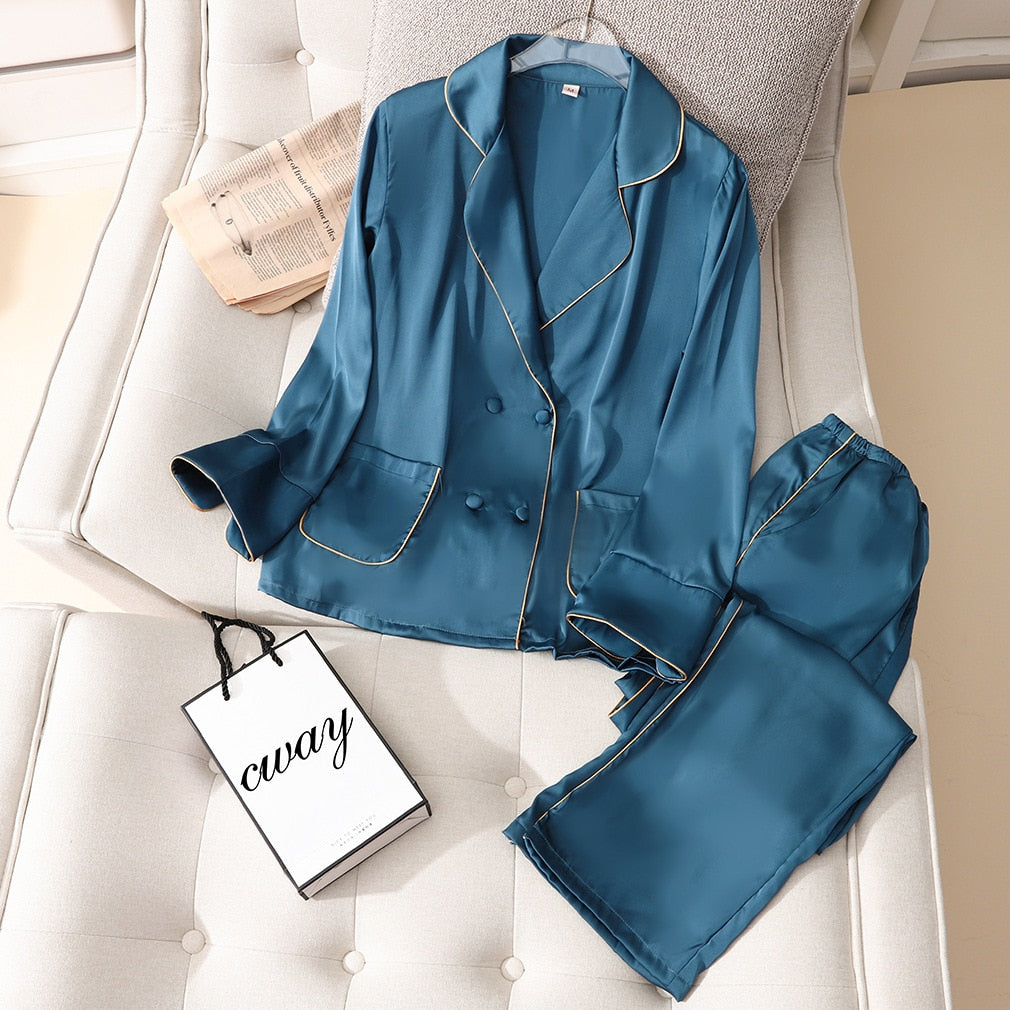 2 Piece Spring Women Sleepwear Ice Silk Satin Pajamas Set