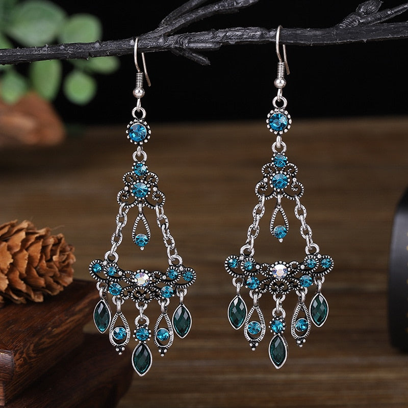 Bohemian Ethnic Long Blue Acrylic Crystal Water Drop Earrings Retro