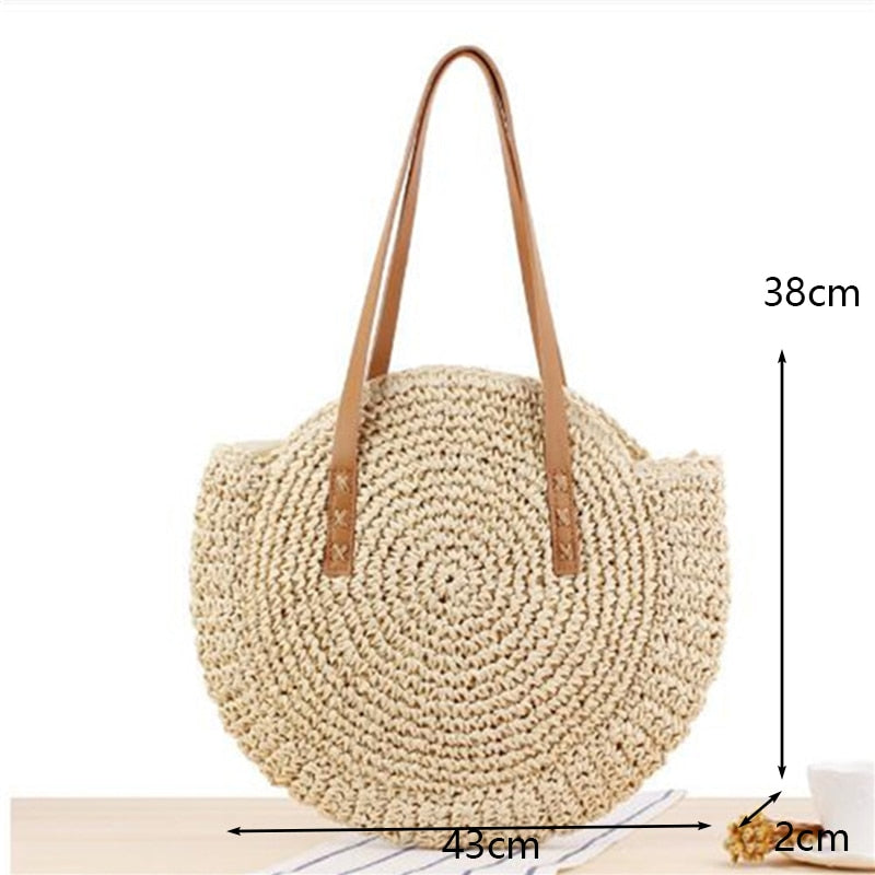 Round Straw Beach Vintage Handmade Woven Shoulder Bag