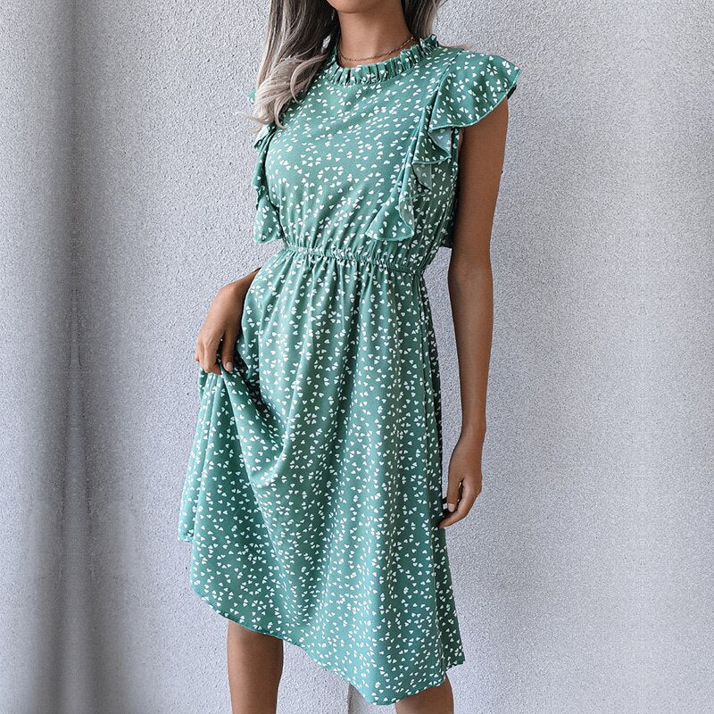 Vintage Butterfly Sleeve Ruffles Heart Dot Print Dress