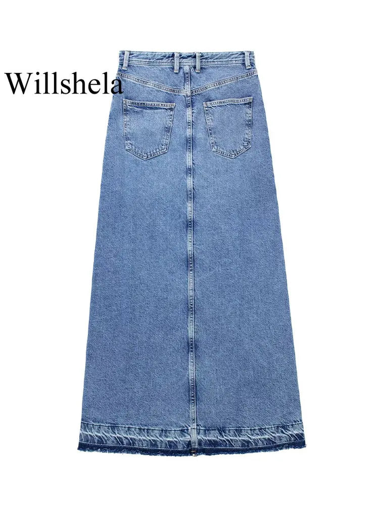 Women Fashion Denim Blue Solid Front Zipper Slit Maxi Skirt Vintage