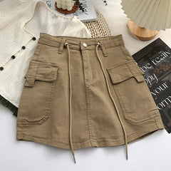 Short Skirt Denim Cargo Drawstring High Waist Mini