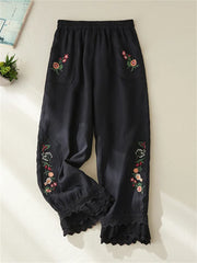 Women's Cotton Linen Pants Elastic Waist Floral Embroidery