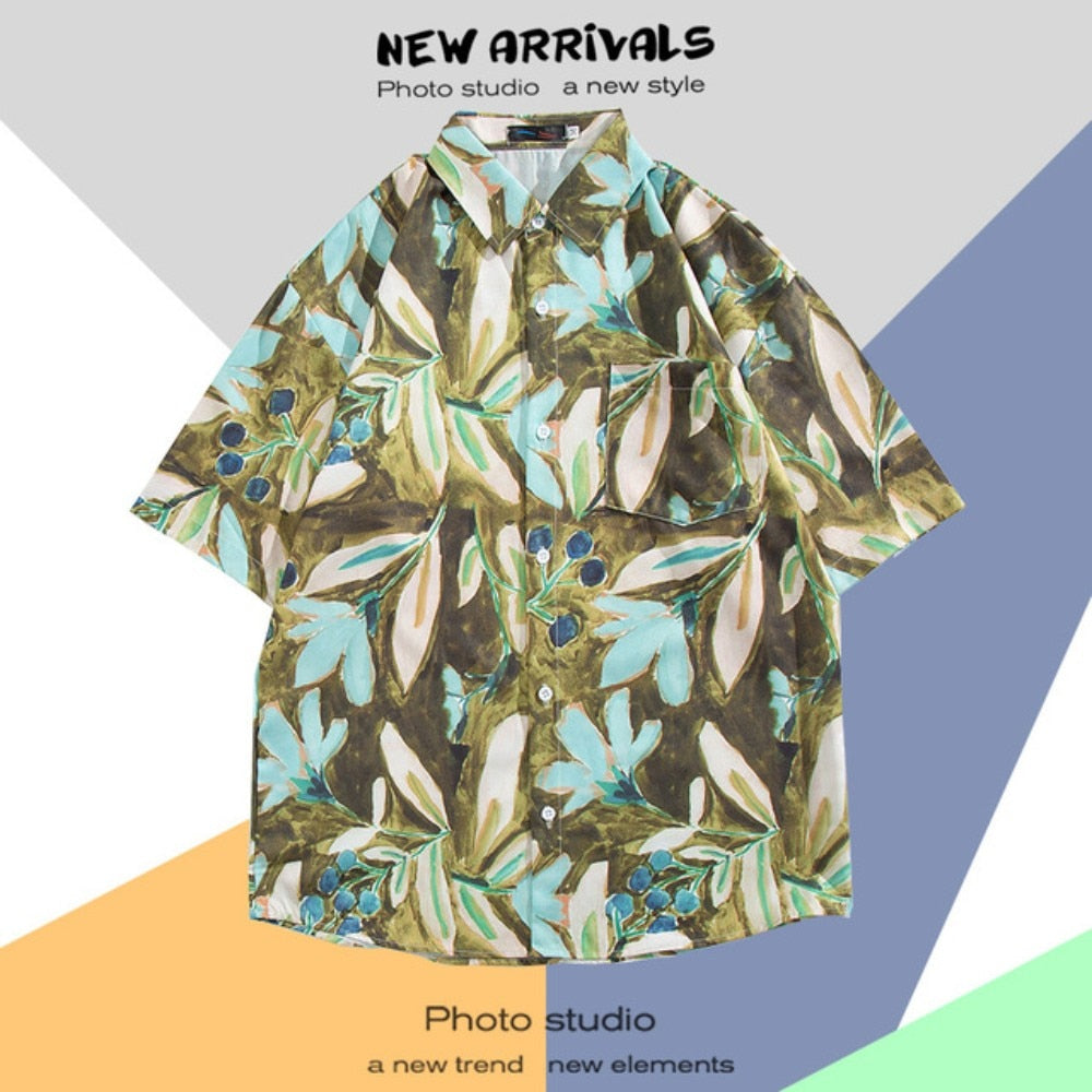 Hawaiian Men's Floral Shirt Summer Geometric Print Short Sleeved