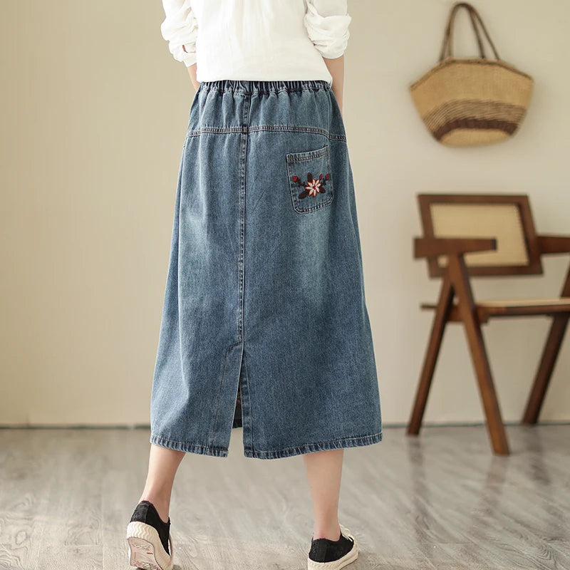 Denim Skirt Vintage Style High Waist A-line Long Y2K Streetwear