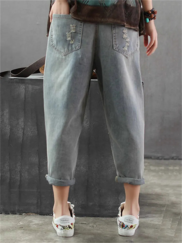 Fashion Style Vintage Hole Girl Embroidery Ankle-length Denim Jeans