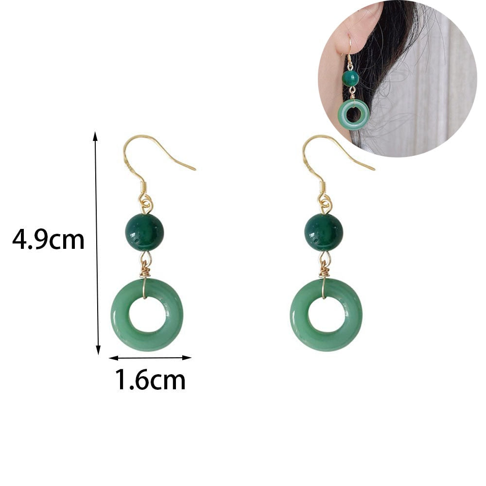 1Pair Peace Buckle Green Jade Earrings