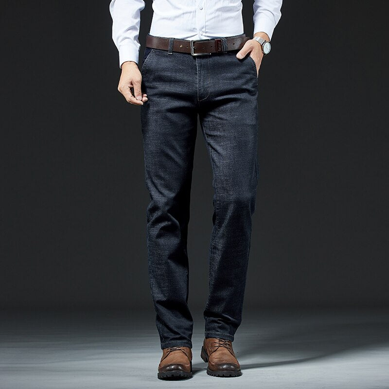 Men's Stretch Slim Fit Jeans Business Thick Casual Office Classic