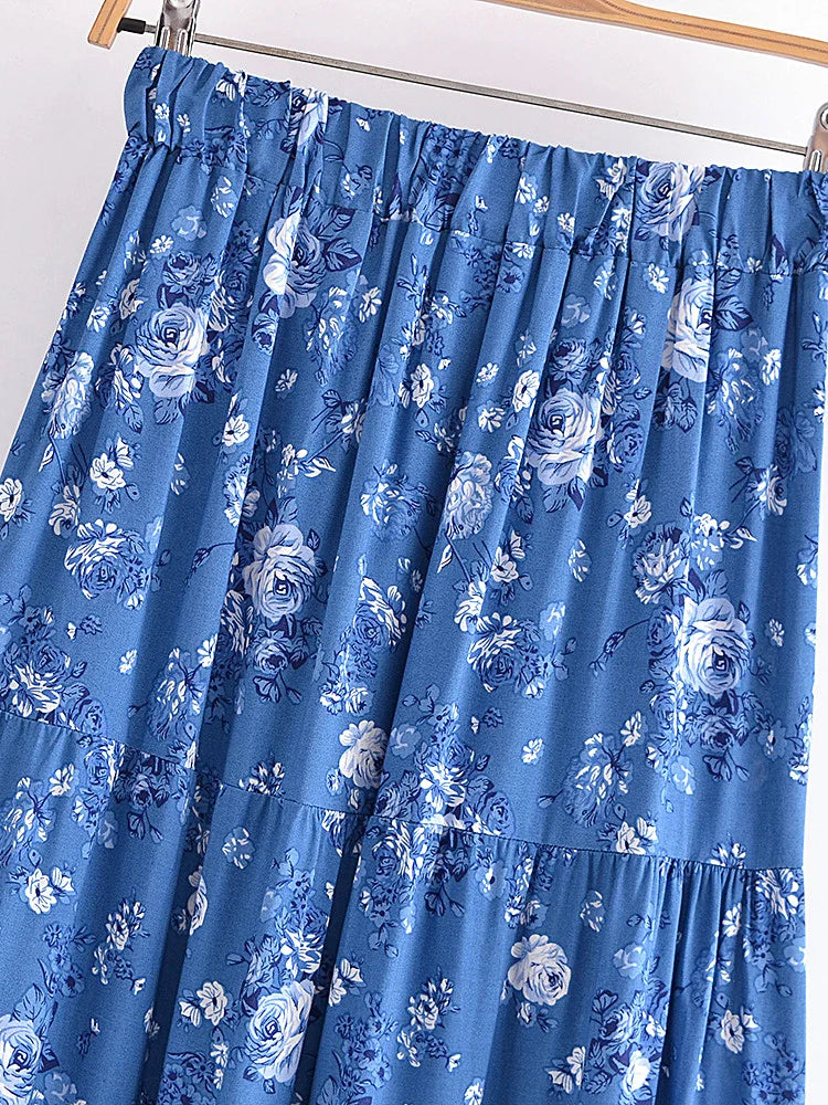 Elastic Waist Pleated Boho Skirt Rayon Bohemian A-line