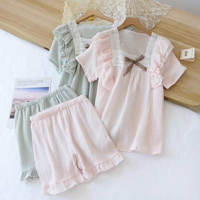 short-sleeved shorts ladies pajamas set cotton crepe solid color f