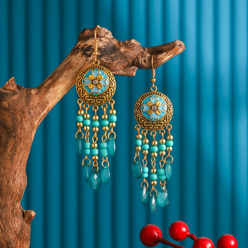 Bohemian Antique Gold Color Long Water Drop Tassel Earrings