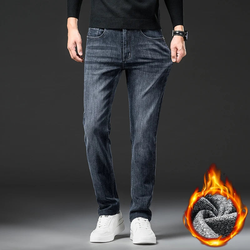 Winter Men's Slim Straight Fleece Jeans Fashion Classic