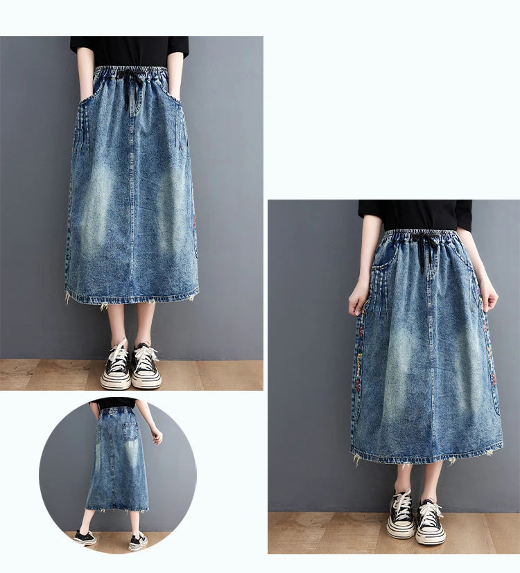 Vintage Ethnic Style Embroidery Denim Skirts Elastic High Waist