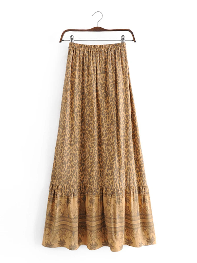 Boho Hippie Bohemian Leopard Floral Print Rayon Cotton Skirt