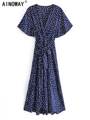 Vintage Chic Polka Dot Short Sleeve Bohemian Maxi Dress