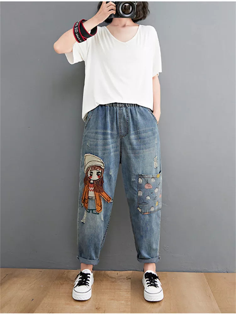 Embroidery Denim Pants For Women Trendy Hole Casual High Waist