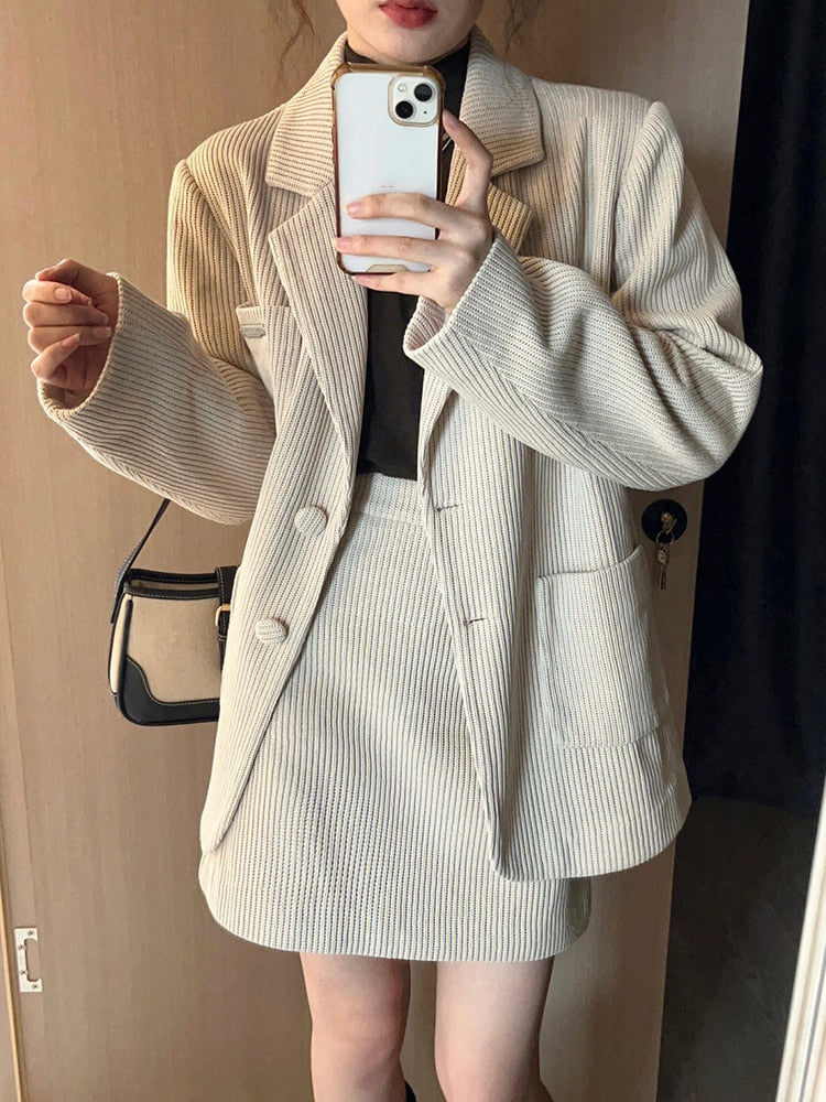 Skirt Suit Two Piece Set for Loose Long Sleeve Blazer and Mini Skirt