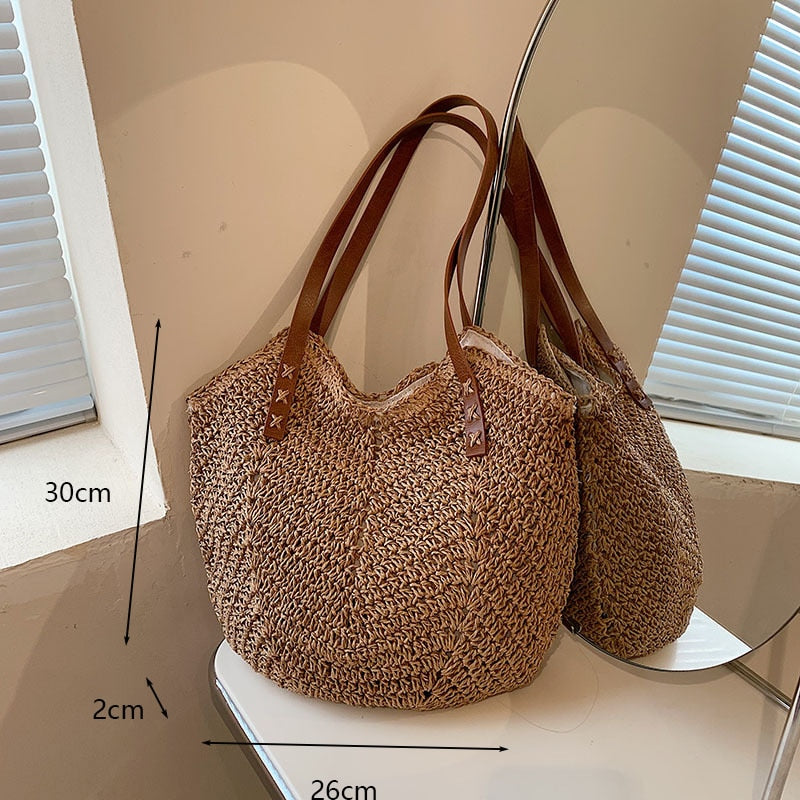 Round Straw Beach Vintage Handmade Woven Shoulder Bag