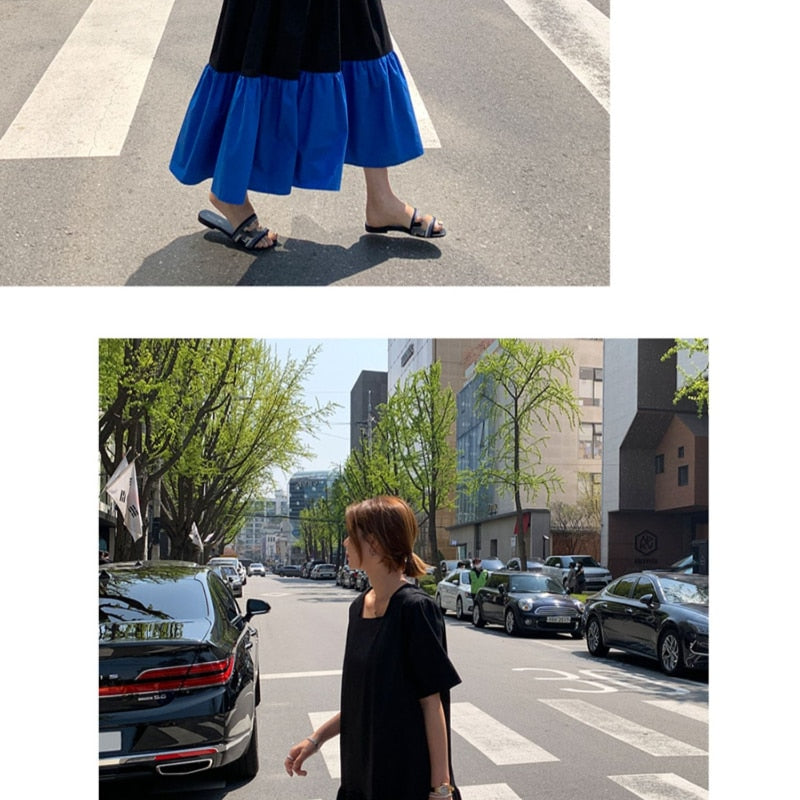 Plus Size  Loose Patchwork Black Casual T-Shirts Dress