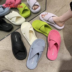 Candy Color Flat Heel Slippers Cross Strap Outside Flip Flops