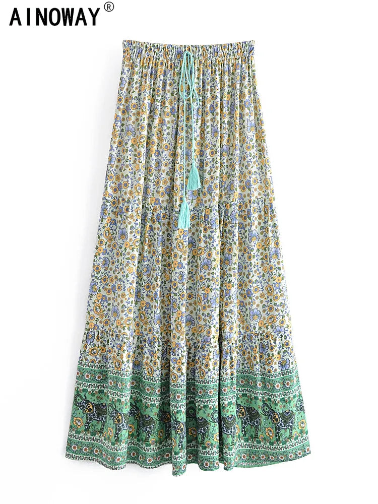 Vintage Bohemian Green Floral Print Pleated Skirt