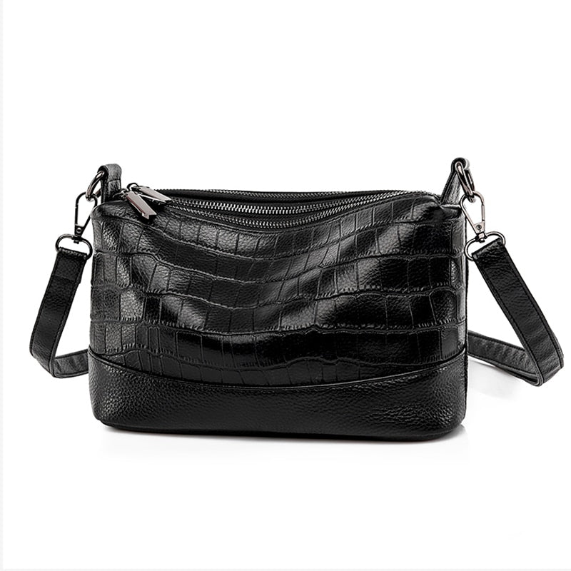 Genuine Leather Crossbody Bag Triple Zipper Messenger Bag