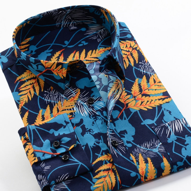 Large Size Flower Print Men's Fashion Casual Long Sleeve Shirt