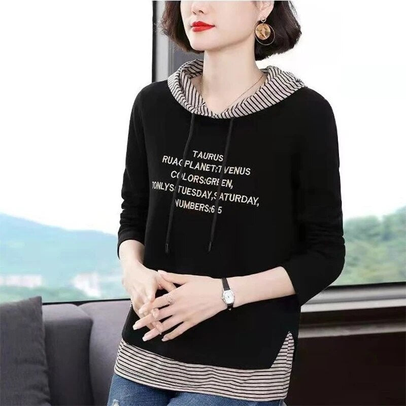 Striped Patchwork Loose Casual Hoodies Ladies Fashion