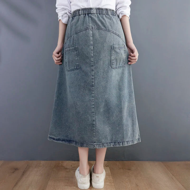 Vintage Denim Light Blue Retro Embroidery Floral Midi Skirts