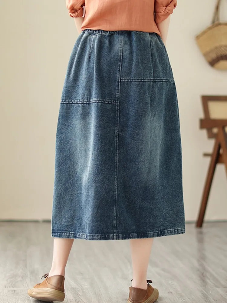 High Waist Denim Long Skirt Women Vintage Style Floral Embroidery