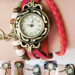 Fashion Women Watches Retro Leather Winding Bracelet Leaf