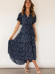 Vintage Chic Polka Dot Short Sleeve Bohemian Maxi Dress