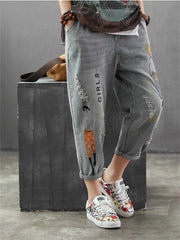 Fashion Style Vintage Hole Girl Embroidery Ankle-length Denim Jeans