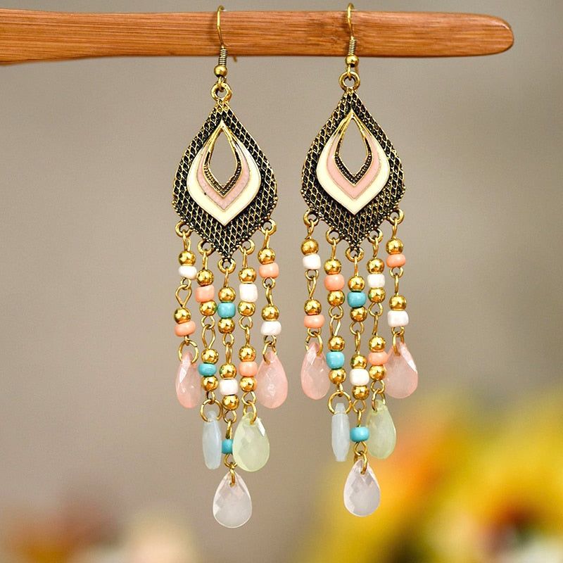 Bohemian Antique Gold Color Long Water Drop Tassel Earrings