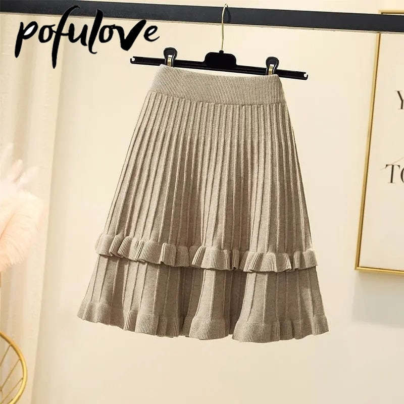 Knitted High Waist Pleated Skirt A-line Skirts Ruffled