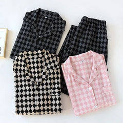 Couple Cotton Knitted Pajamas Set Plaid Home Wear Long Sleeve