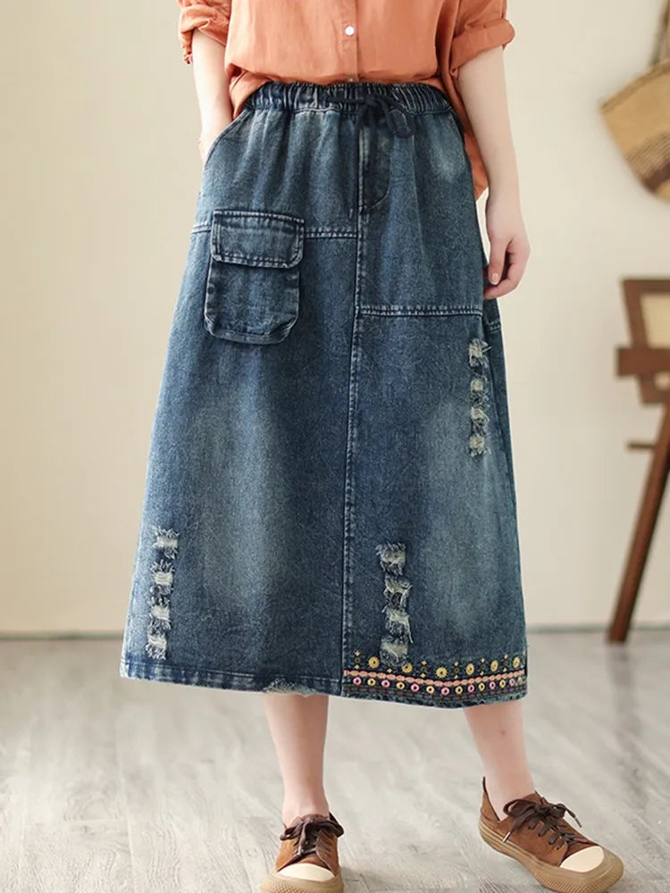 High Waist Denim Long Skirt Women Vintage Style Floral Embroidery