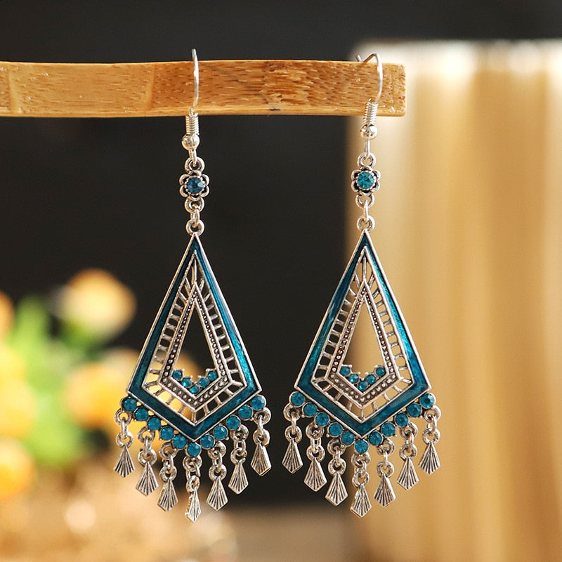 Bohemian Ethnic Long Blue Acrylic Crystal Water Drop Earrings Retro